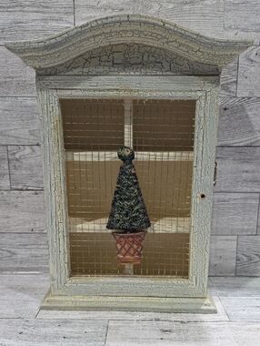 Shabby Chic Distressed Crackle Wood Display Cabinet with Topiary Accent - Cream